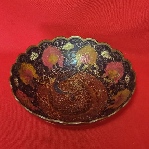 Vintage Solid Brass Enameled Footed Hand Painted Peacock Trinket Dish - Picture 8 of 11
